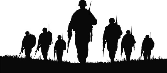 Fototapeta premium Silhouette of a squad of soldiers walking through a field, carrying rifles and backpacks, military patrol, isolated on a white background, army theme