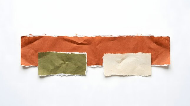 Rustic burnt orange torn paper collage with olive and cream scraps for organic art projects.