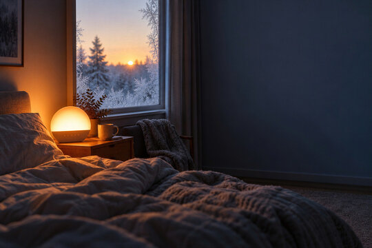 Dark cozy bedroom with glowing sunrise alarm lamp, rumpled bed, frosty window with winter dawn view, early wake up