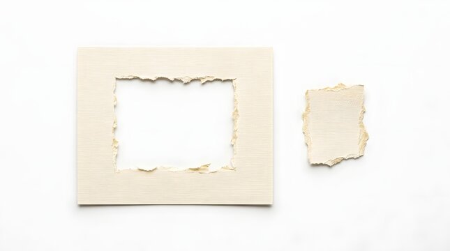 Rustic paper frame with torn edges and separate small scrap piece in neutral beige tones.