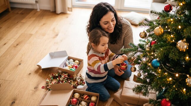 Mother and toddler decorating a vibrant christmas tree with gifts nearby