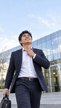 Happy young latin man in suit loosening tie walking of modern office building with briefcase, job success