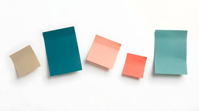 Set of colorful sticky notes arranged in horizontal row on clean white background for office.