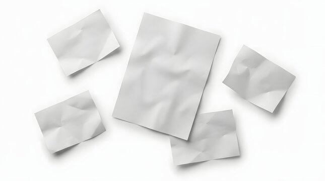 Set of five crumpled white paper sheets floating on plain white studio background for design.