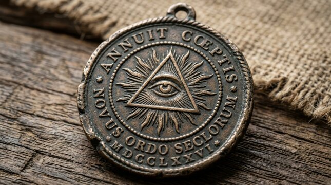 Close-up of an aged bronze antique medallion featuring the Eye of Providence and Latin inscriptions Annuit Coeptis and Novus Ordo Seclorum on a rustic wooden background with burlap texture.