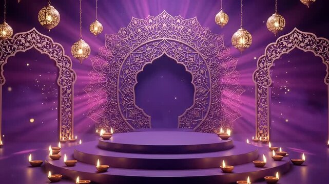 Purple Diwali 3D podium with glowing diyas, hanging lanterns and ornate mandala arches animated background motion graphic
