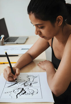 Creativity and artistic workflow, young woman drawing comic book panels with pencil on paper at desk with laptop in home office for freelance project