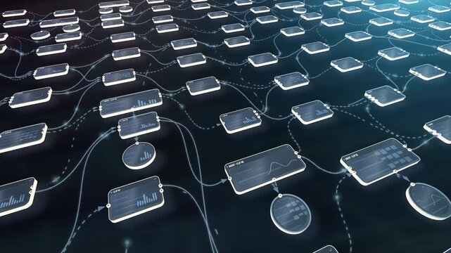 Endless grid of translucent dashboard cards with charts linked by soft blue wires on black, elegant 3D visual for AI analytics, cloud services and investor pitch decks.