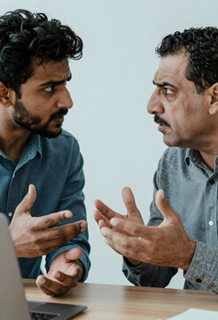 Workplace conflict and professional disagreement, two diverse male colleagues having a heated discussion or argument during a meeting in the office