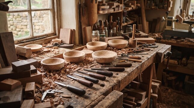 Rustic woodworking workshop, wooden bowls and carving tools on worn workbench, artisan interior
