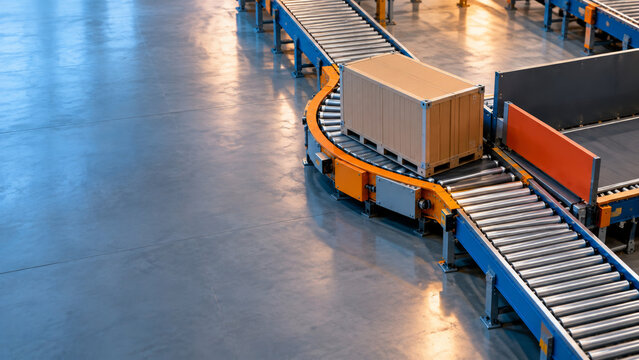 Automated conveyor system moving cardboard package through modern warehouse with precise logistics handling and route disruption exception response
