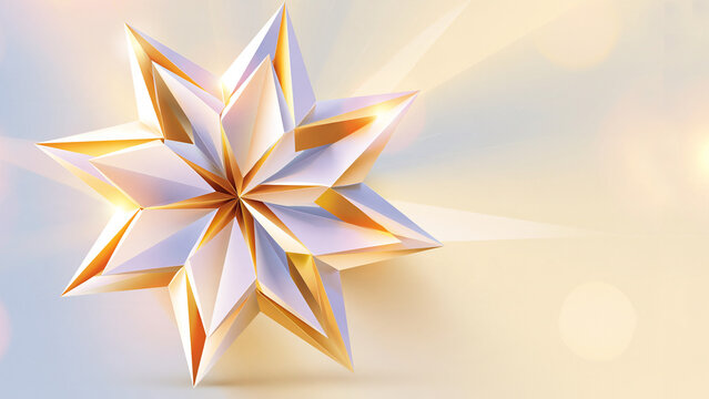 Isometric illustration of a geometric star made of paper, soft gradient background, pastel and gold, symbol of transfiguration and New Year, copy space on the right