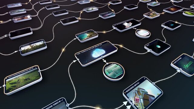 Glowing golden light pulses travel between video nodes and a central cloud panel on a dark floor, warm cinematic tech mood for automation, cloud storage and brand films.