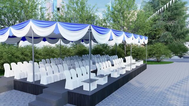 Aerial drone view of an empty blue and white event tent with covered chairs on a raised outdoor VIP grandstand, shown as a realistic 3D architectural animation.
