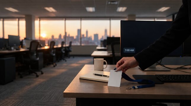Employee reaching for ID badge at desk with city skyline sunrise view, monitor showing 7:00 AM