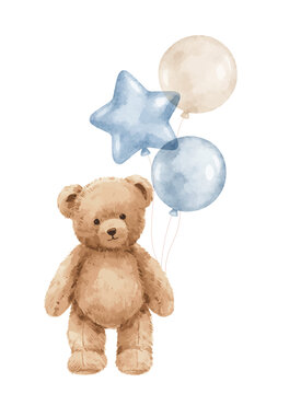 Vintage Teddy Bear with Blue Balloons, Cute Watercolor Illustration for Baby Boy and Newborn