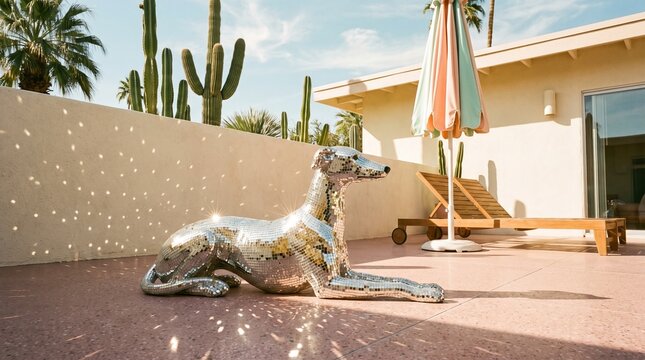 Shiny mosaic greyhound dog statue resting by luxury swimming pool, modern metallic animal sculpture on outdoor patio terrace with palm trees