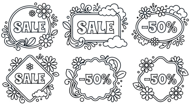 Sale fifty percent discount banner frames with flowers for retail promotion.