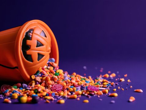 Colorful candy spilling from a jack o lantern