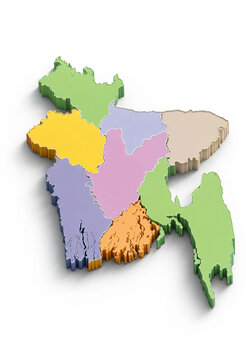 3D map of Bangladesh with colorful regional divisions isolated on white background for geographic and educational concept