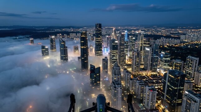 City skyline at night with modern buildings emerging from a layer of fog under a twilight sky