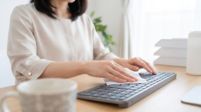 キーボードを除菌シートで拭く女性の手元