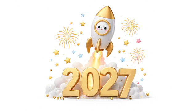 Cute cartoon rocket launching over golden 3D 2027 numbers with festive fireworks for New Year celebration concept