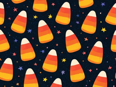 Cute candy corn illustrations on a starry space background
