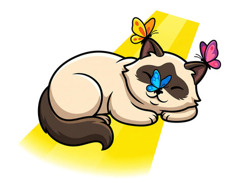 Cartoon siamese cat sleeping with colorful butterflies on face and ears within soft yellow light rays for cute graphic.