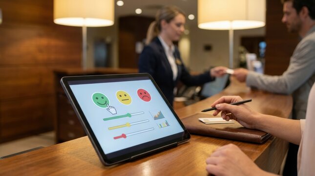hotel checkout feedback tablet Customer feedback survey on tablet at hotel reception desk counter