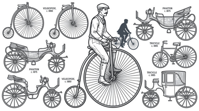 Vintage velocipedes phaetons tricycles and carriages on white background vector.