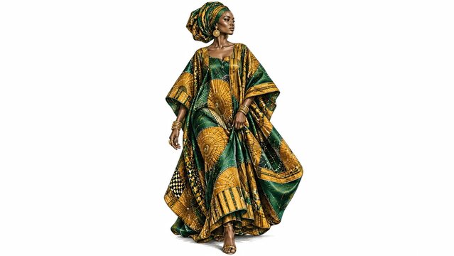 Senegalese woman in an elegant green and gold traditional outfit, celebrating West African culture against a clean white background.