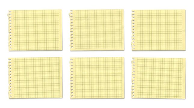 Set of clean yellow grid paper sheets with spiral holes isolated on white for writing messages.