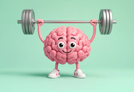 Cute cartoon brain character lifting a heavy barbell for mental strength and cognitive training concept