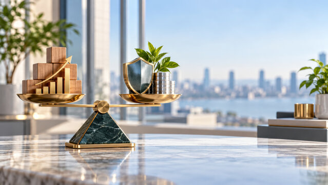 Balanced scale with rising bar chart shield plant and coins bright office overlooking modern waterfront skyline symbolizing organizational strategy systems planning balanced growth and liquidity