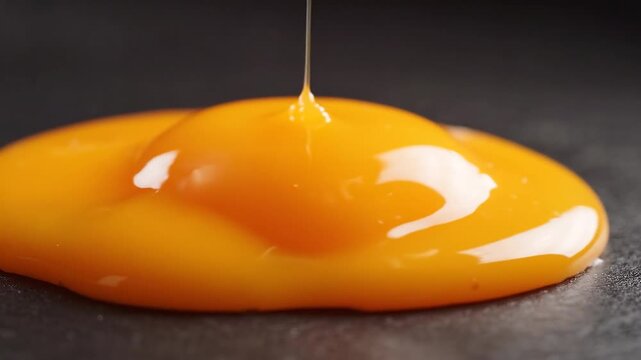 Rich golden egg yolk slowly spreads across a dark surface in a glossy extreme macro culinary scene.
