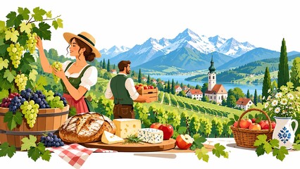 Obraz premium Illustrated alpine vineyard harvest picnic with a woman picking grapes, baskets of fruit, bread and cheese against a mountain village landscape.