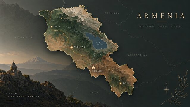 Illustrated map of Armenia featuring regional labels, mountain terrain, neighboring countries, and a historic monastery in a dramatic landscape composition.
