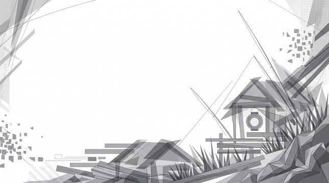 Abstract geometric beach shack illustration with central copy space