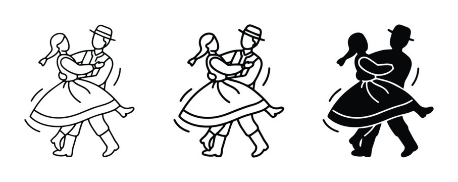 Folk Dance Couple Icon Set, Traditional European Couple Dancing, Retro Celebration Vector