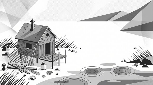 Geometric beach shack illustration with fishing gear and copy space
