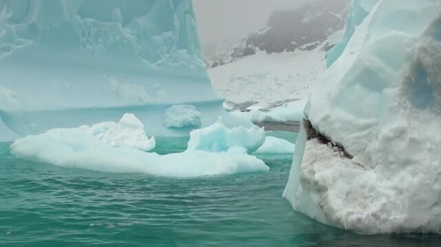 Blue Ice Wall and Broken Ice Beside Turquoise Water. Close seascape view shows a steep pale-blue frozen face at the waterline, with scattered ice fragments and snow-covered terrain in the distance.