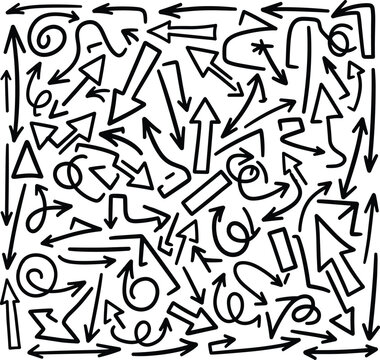 Hand drawn arrows collection set with various black directional shapes for UI design.