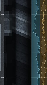 Geological drill core scrolling upward beside grain size and gamma ray wireline logs with lithology column in bright shale tones vertical 9:16