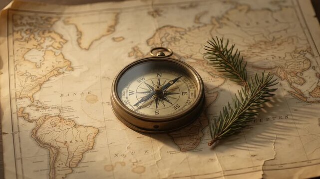 Antique Brass Compass on Aged Paper Map with Dried Fir Sprig from Above