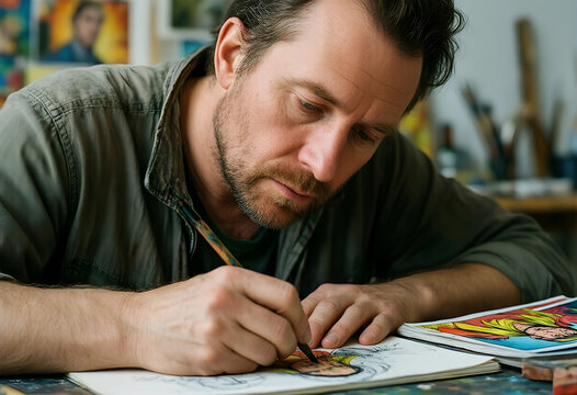 Creativity and artistic focus, professional illustrator drawing comic book characters in a creative studio workspace with intense concentration and passion