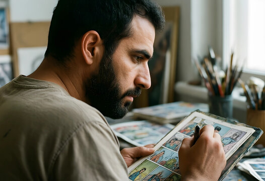 Creativity and artistic process, professional comic book artist drawing illustrations in a creative studio workspace with focus and dedication