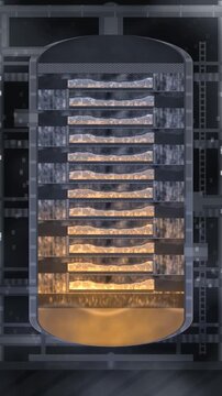 Distillation column cutaway with sieve trays, bubbling froth layers and downcomer liquid cascade, seamless loop in deep reflux tones vertical 9:16
