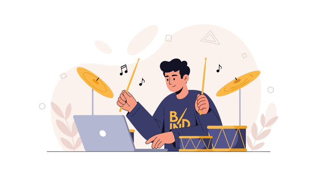 Young man playing drums in front of laptop, musical creativity and digital music production