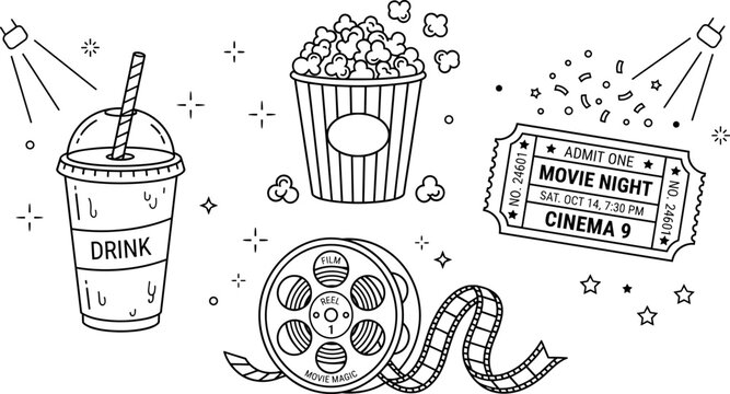 Cinema movie night line art vector illustration set featuring popcorn bucket soda drink cup film reel and ticket